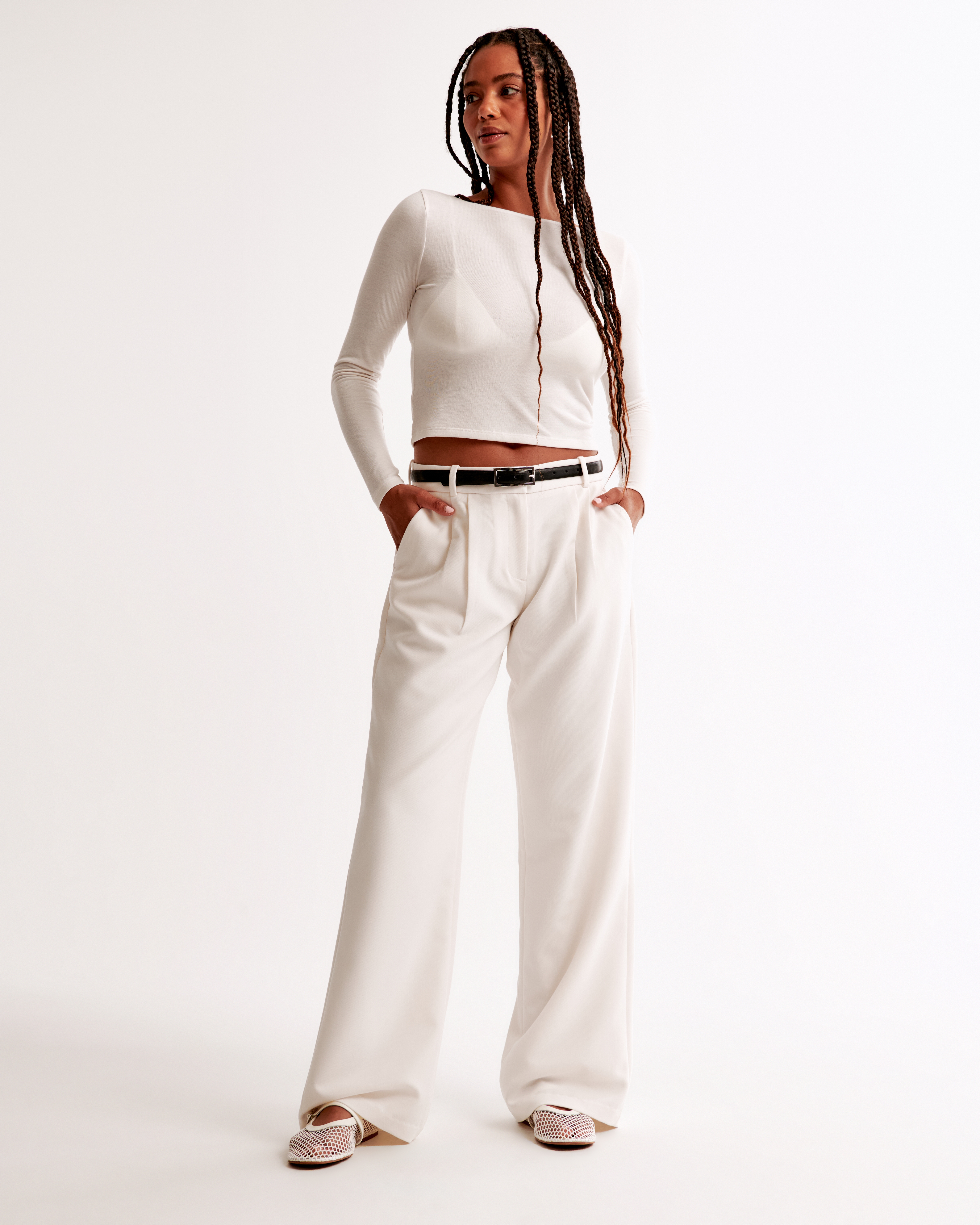 Abercrombie & Fitch Curve Love A&f Sloane Low Rise Tailored Wide Leg Pant In White