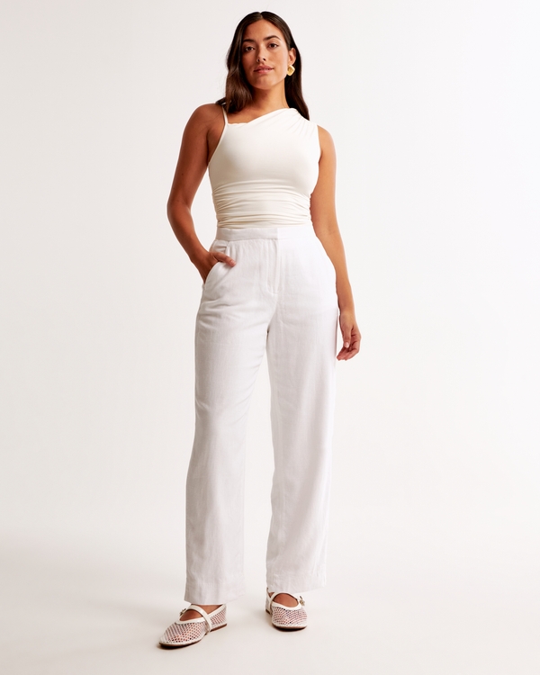 Curve Love Linen-Blend Tailored Straight Pant, White