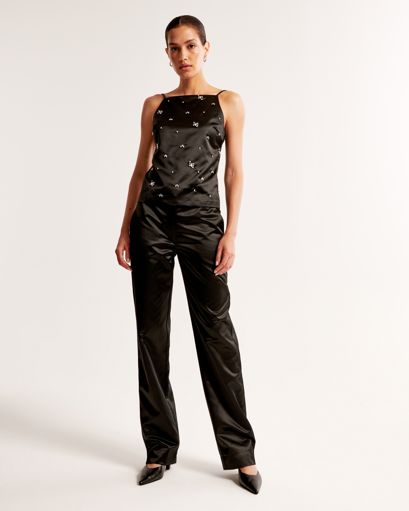 High Rise Tailored Straight Satin Pant