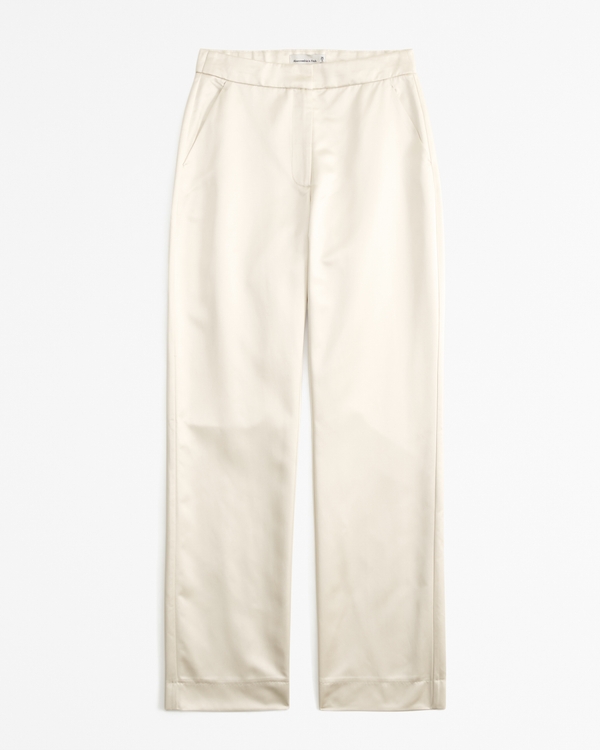 High Rise Tailored Straight Satin Pant, Warm Beige