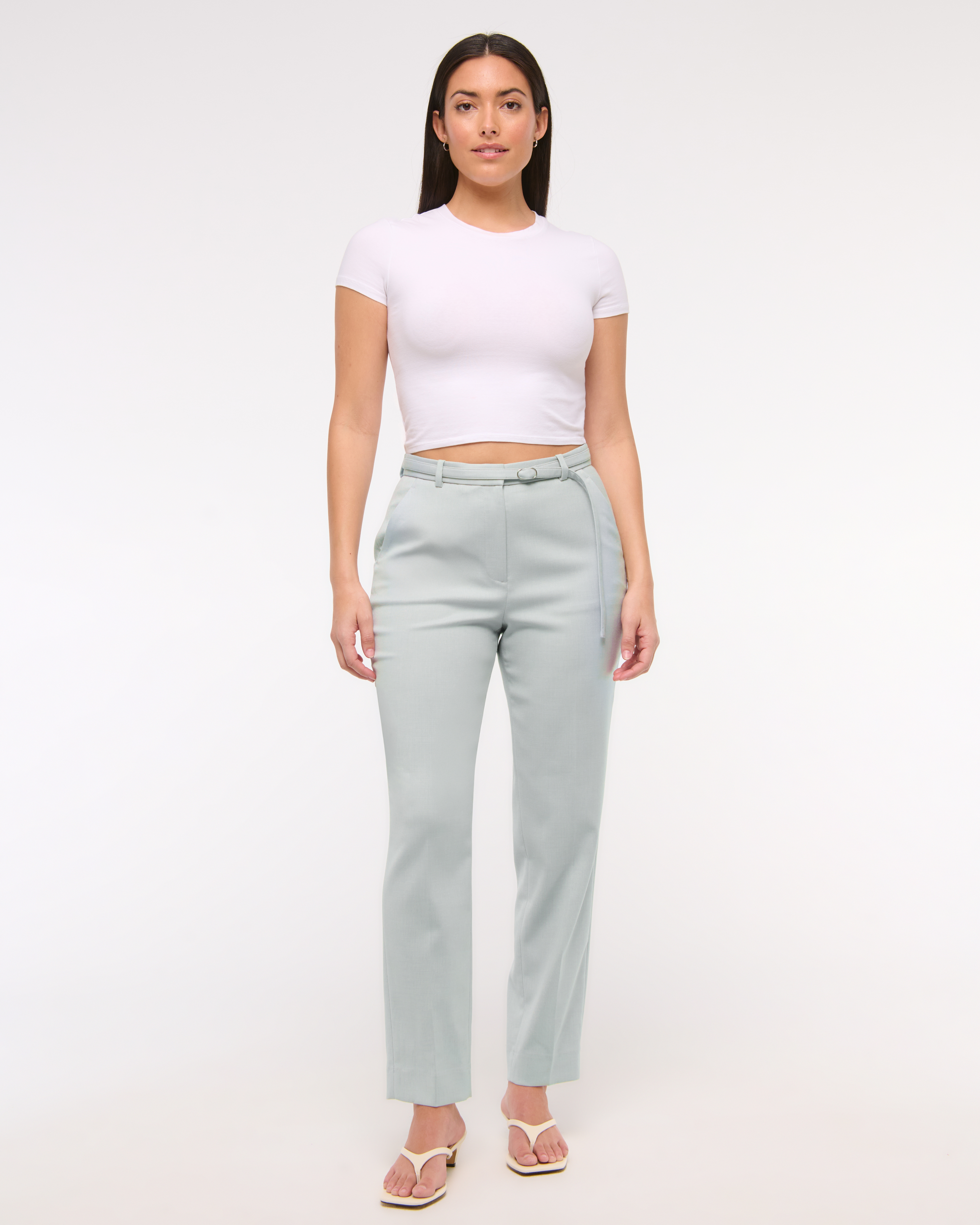 Abercrombie & Fitch Curve Love High Rise Belted Ankle Straight Pant In Gray