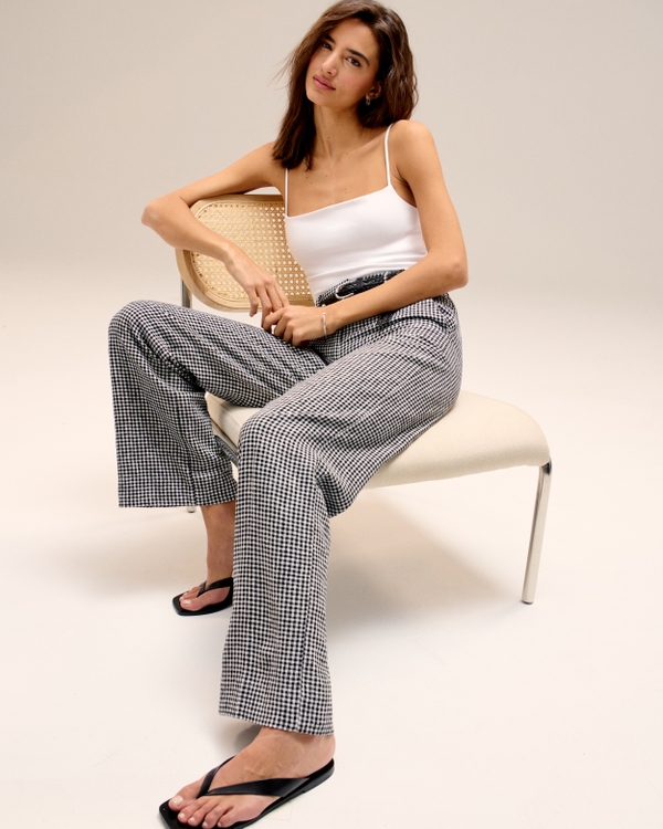 Tailored Linen-Blend Wide Leg Pant, Black Gingham view 1