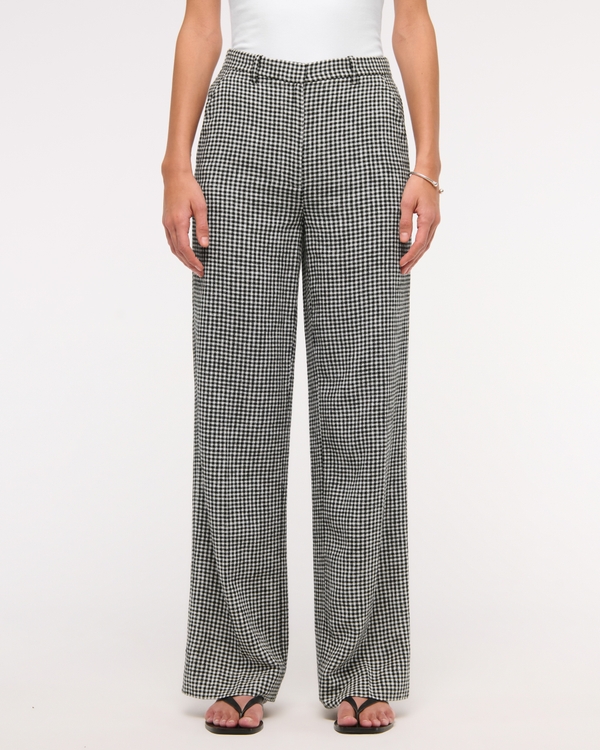 Tailored Linen-Blend Wide Leg Pant, Black Gingham view 2