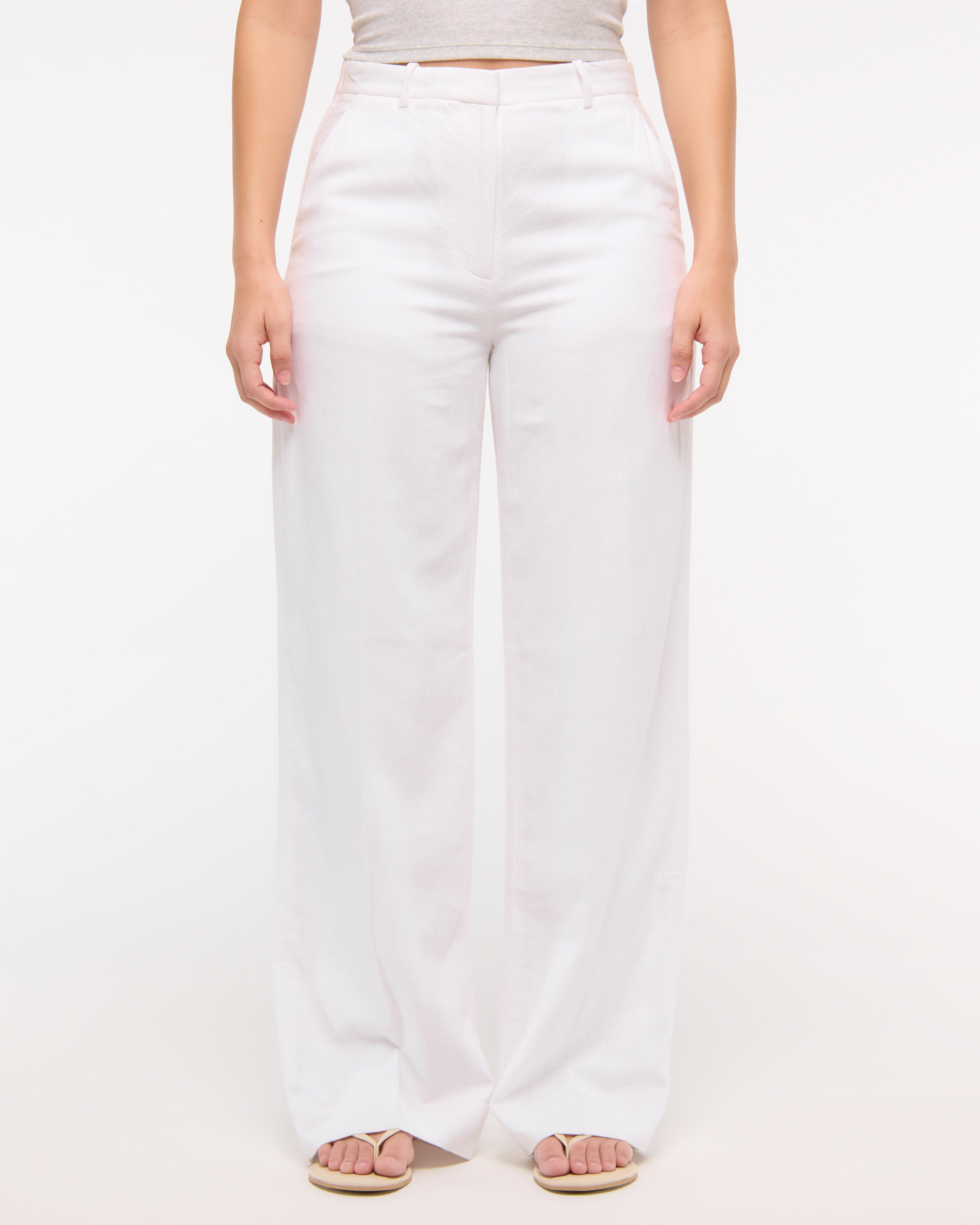 Abercrombie & Fitch Curve Love Tailored Linen-blend Wide Leg Pant In White