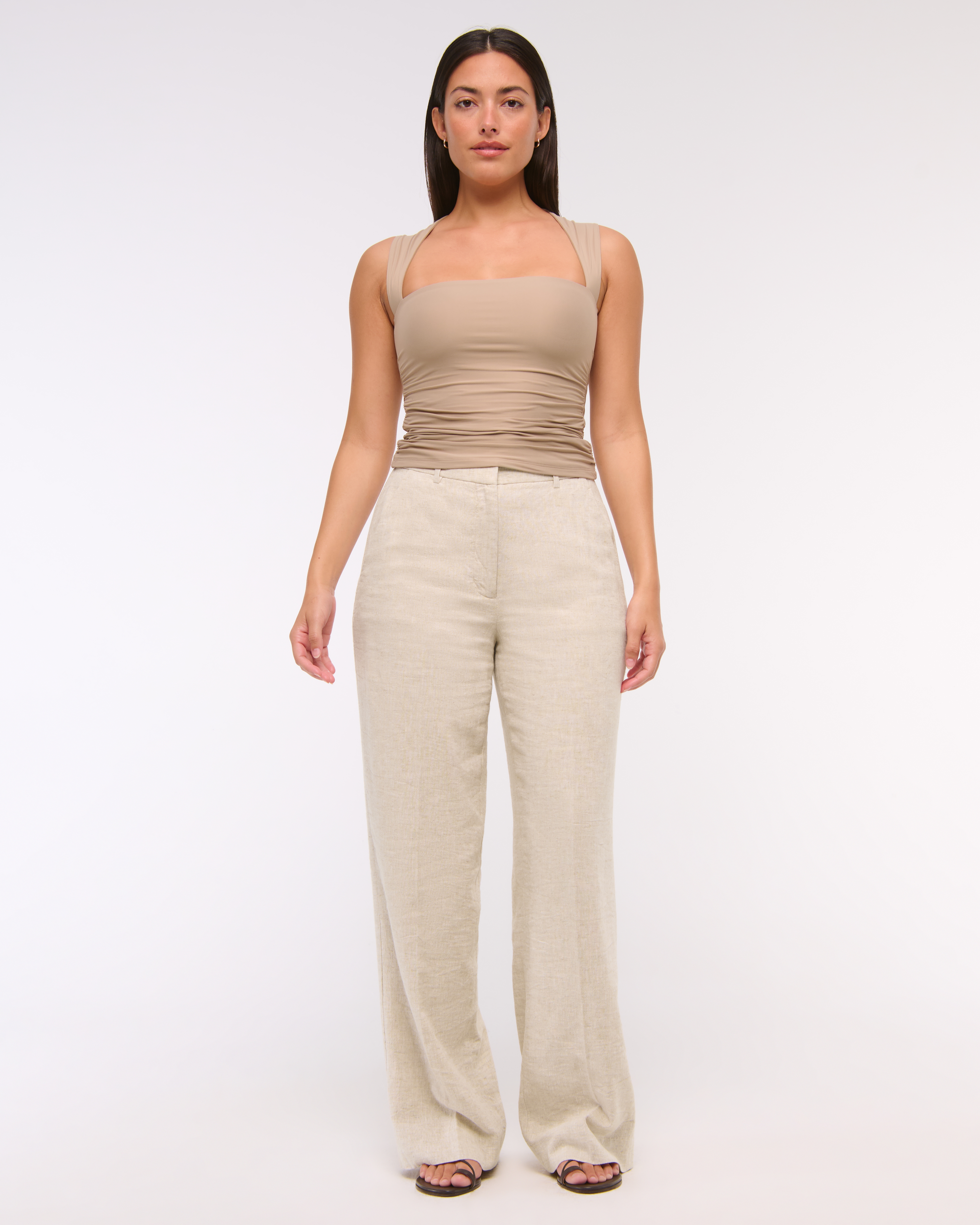 Abercrombie & Fitch Curve Love Tailored Linen-blend Wide Leg Pant In Brown