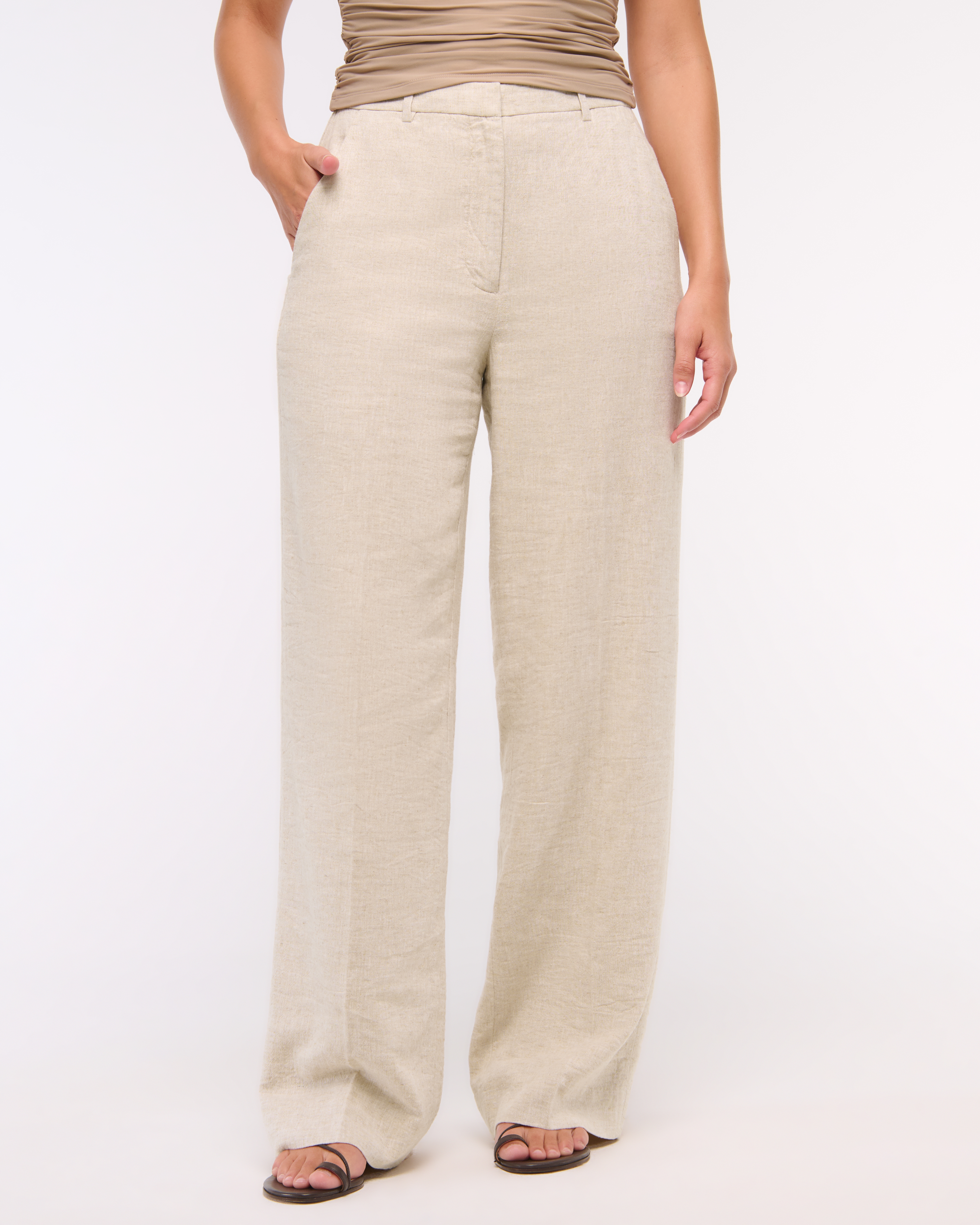 Abercrombie & Fitch Curve Love Tailored Linen-blend Wide Leg Pant In Brown