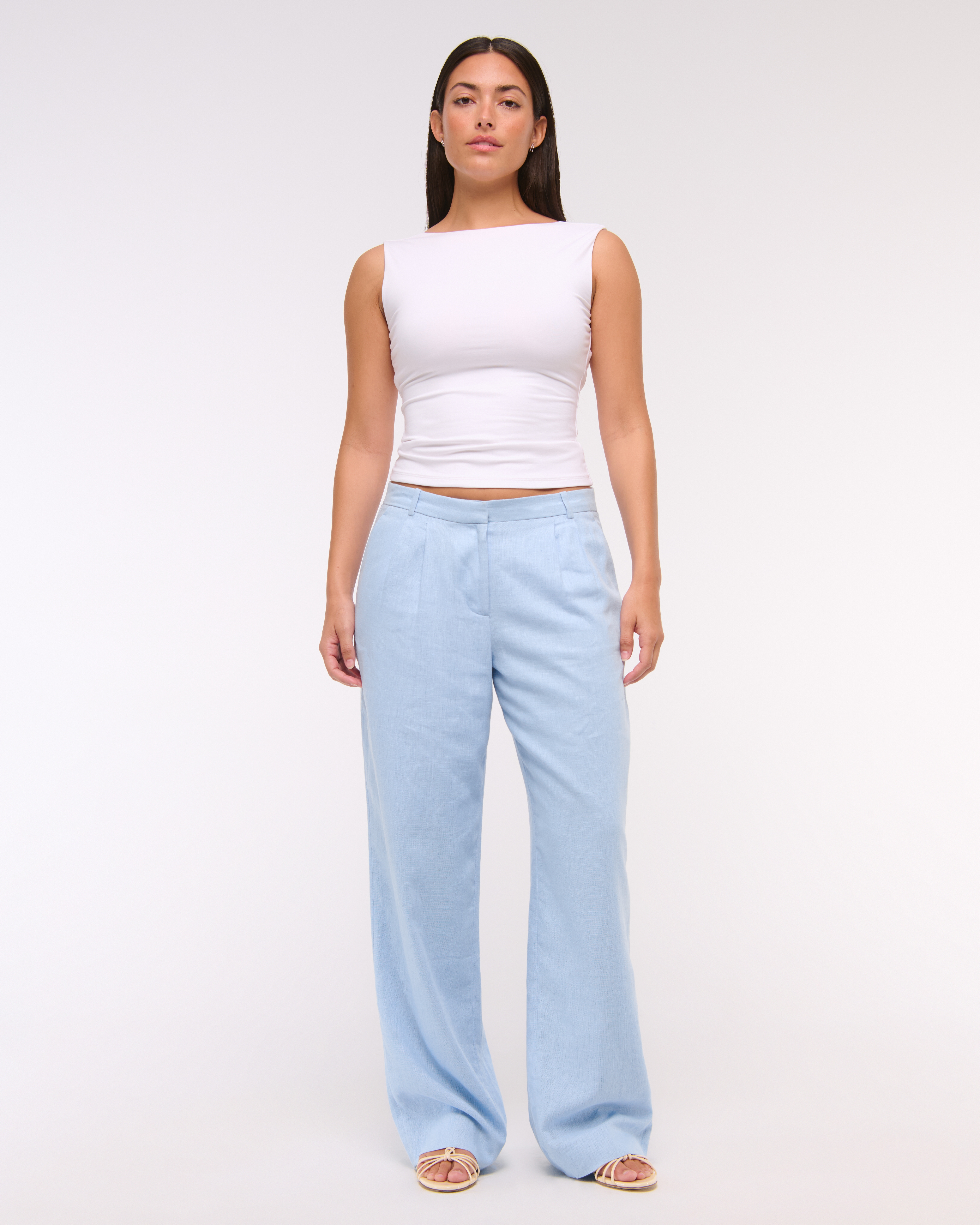 Abercrombie & Fitch Curve Love A&f Sloane Low Rise Tailored Linen-blend Pant In Blue
