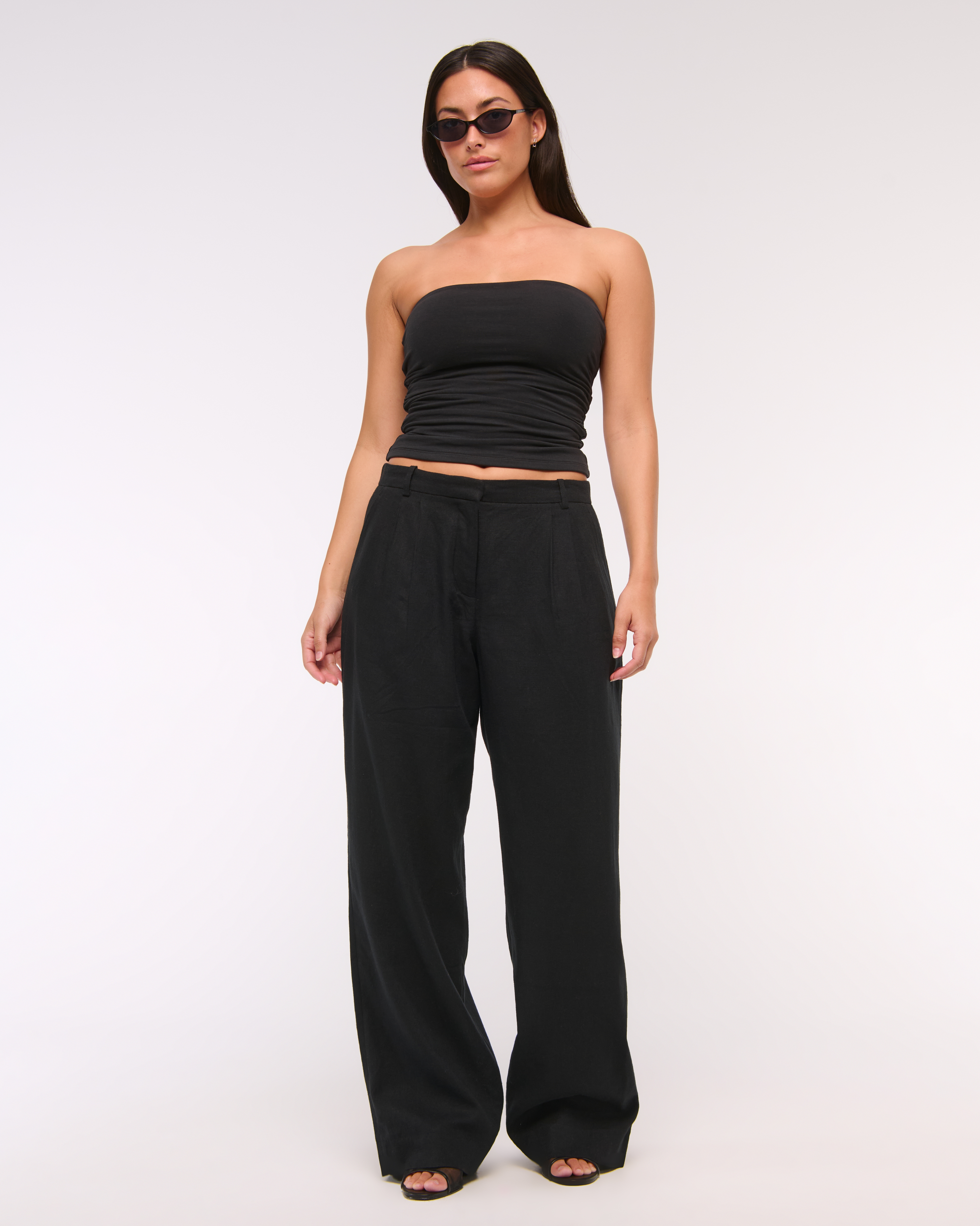 Abercrombie & Fitch Curve Love A&f Sloane Low Rise Tailored Linen-blend Pant In Black