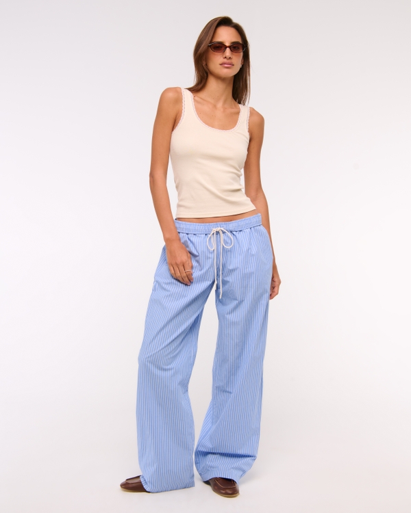 Poplin Wide Leg Pull-On Pant, Blue Stripe view 1