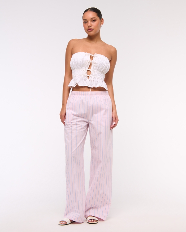 Poplin Wide Leg Pull-On Pant, Light Pink Stripe view 1