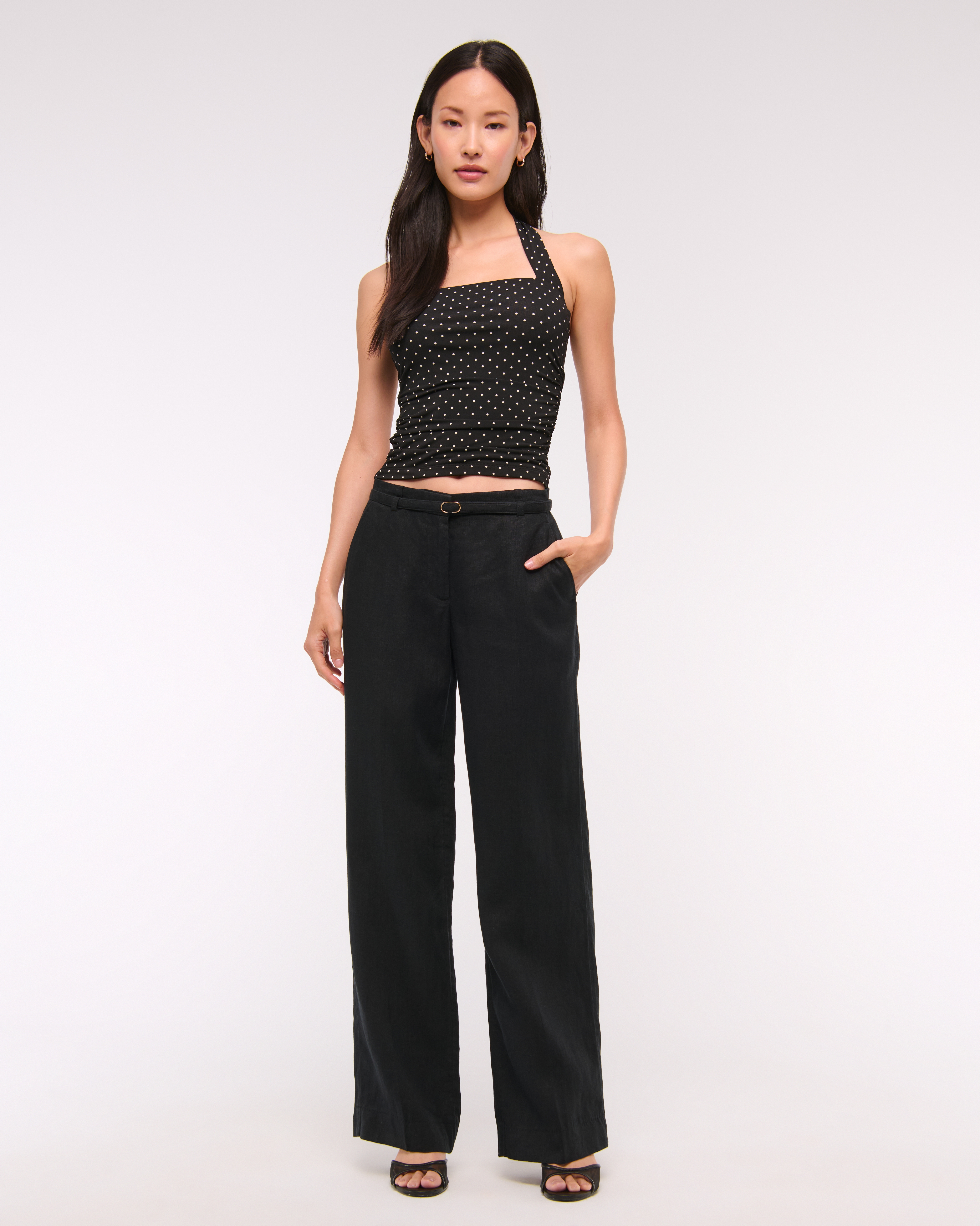 Abercrombie & Fitch Premium Linen Belted Wide Leg Pant In Black