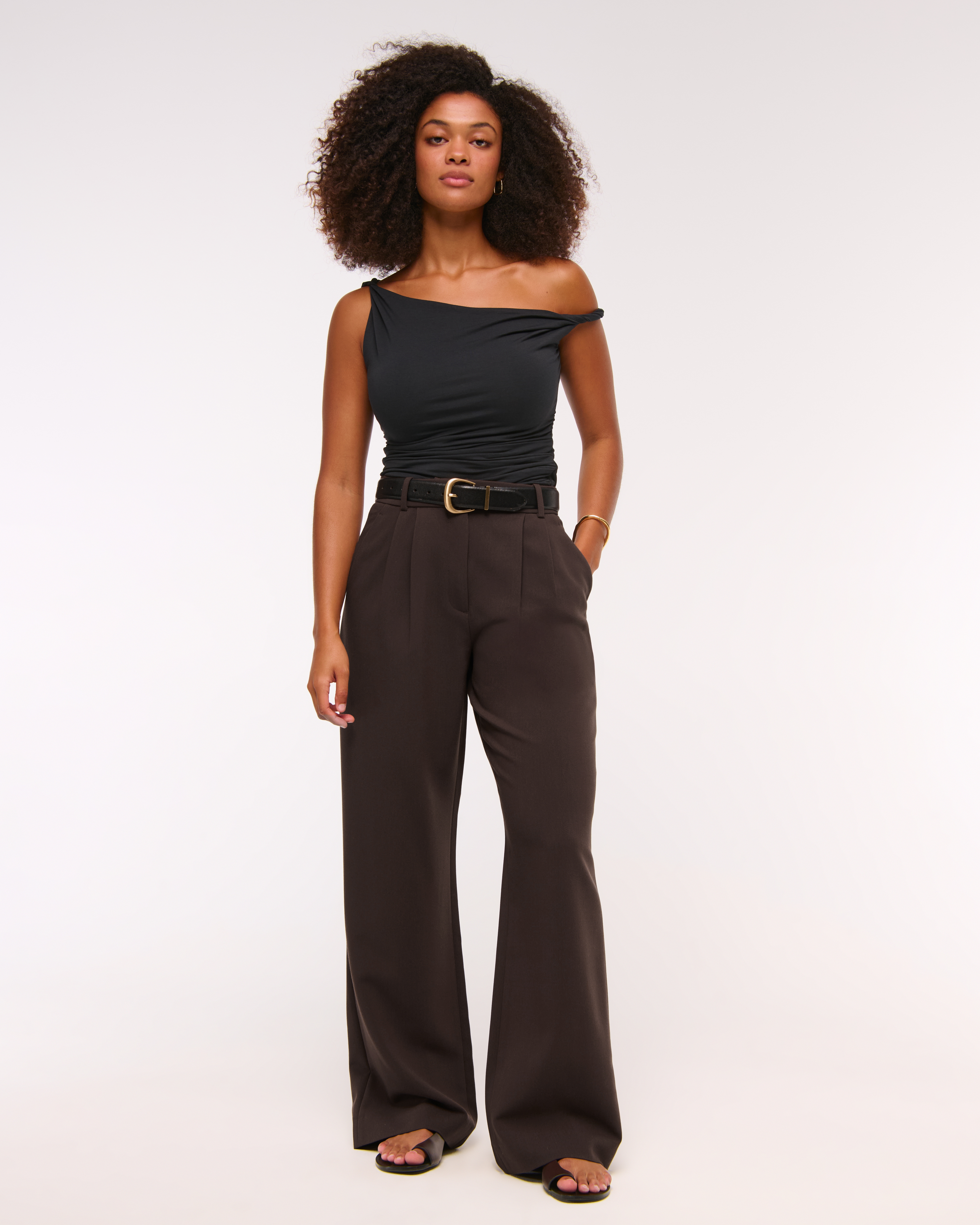 Abercrombie & Fitch Curve Love A&f Sloane Tailored Wide Leg Pant In Brown