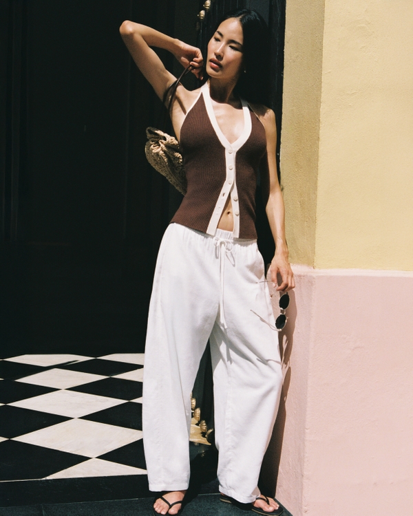 Linen-Blend Barrel Pull-On Pant, White view 1