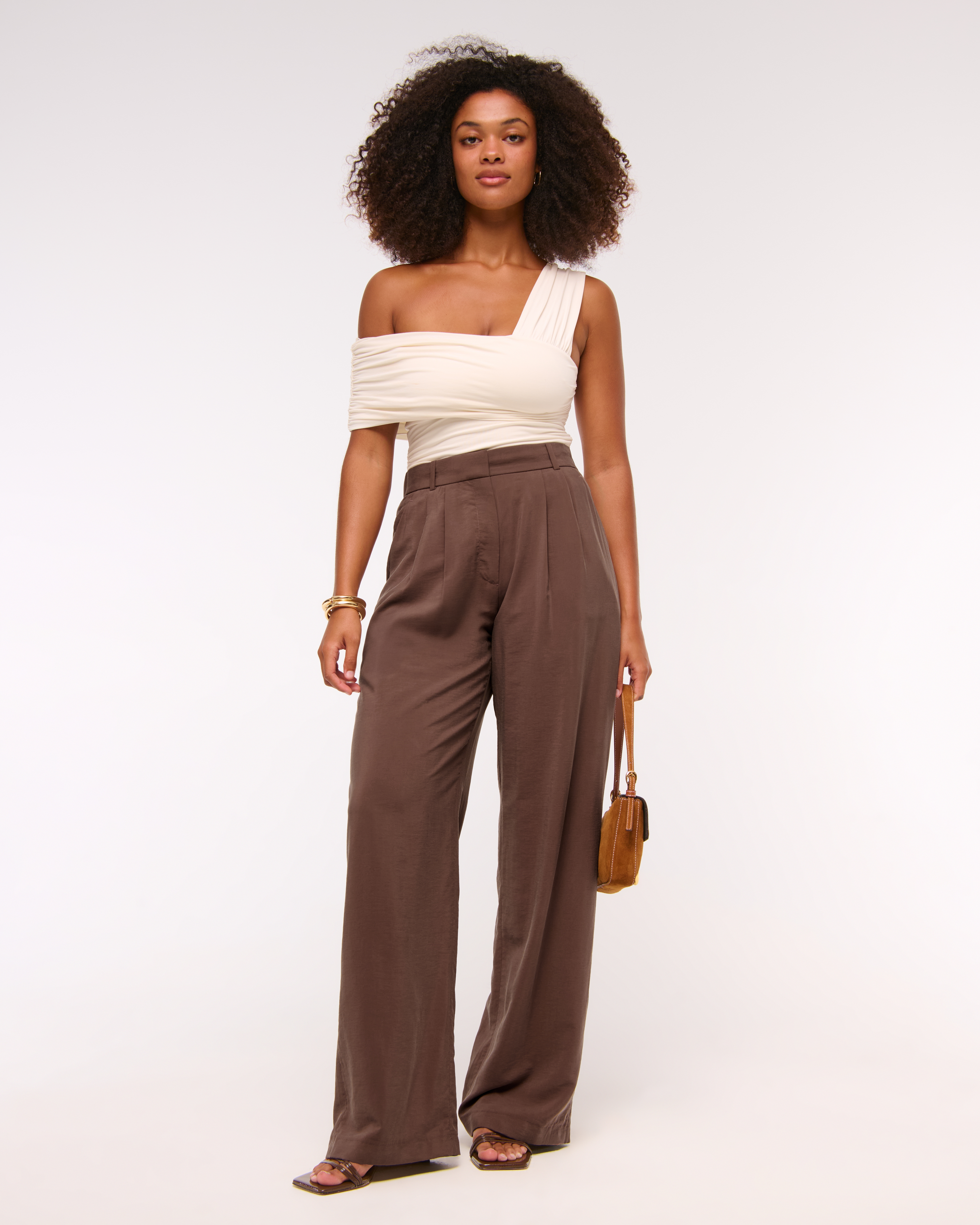 Abercrombie & Fitch Curve Love A&f Sloane Crepe Tailored Wide Leg Pant In Brown