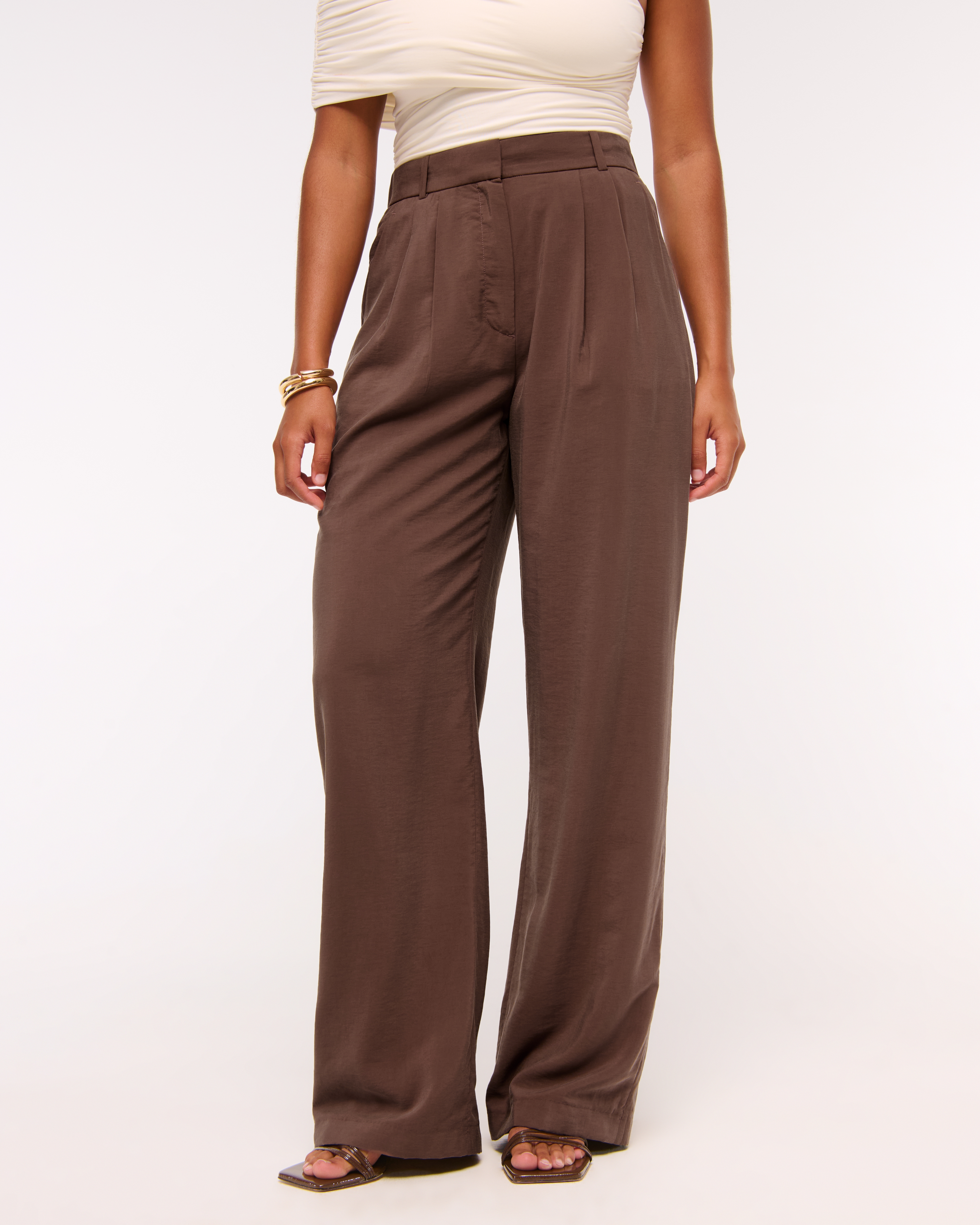 Abercrombie & Fitch Curve Love A&f Sloane Crepe Tailored Wide Leg Pant In Brown