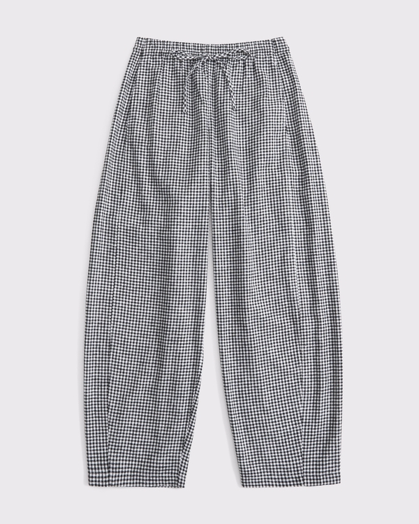 Linen-Blend Barrel Pull-On Pant, Black Gingham view 1