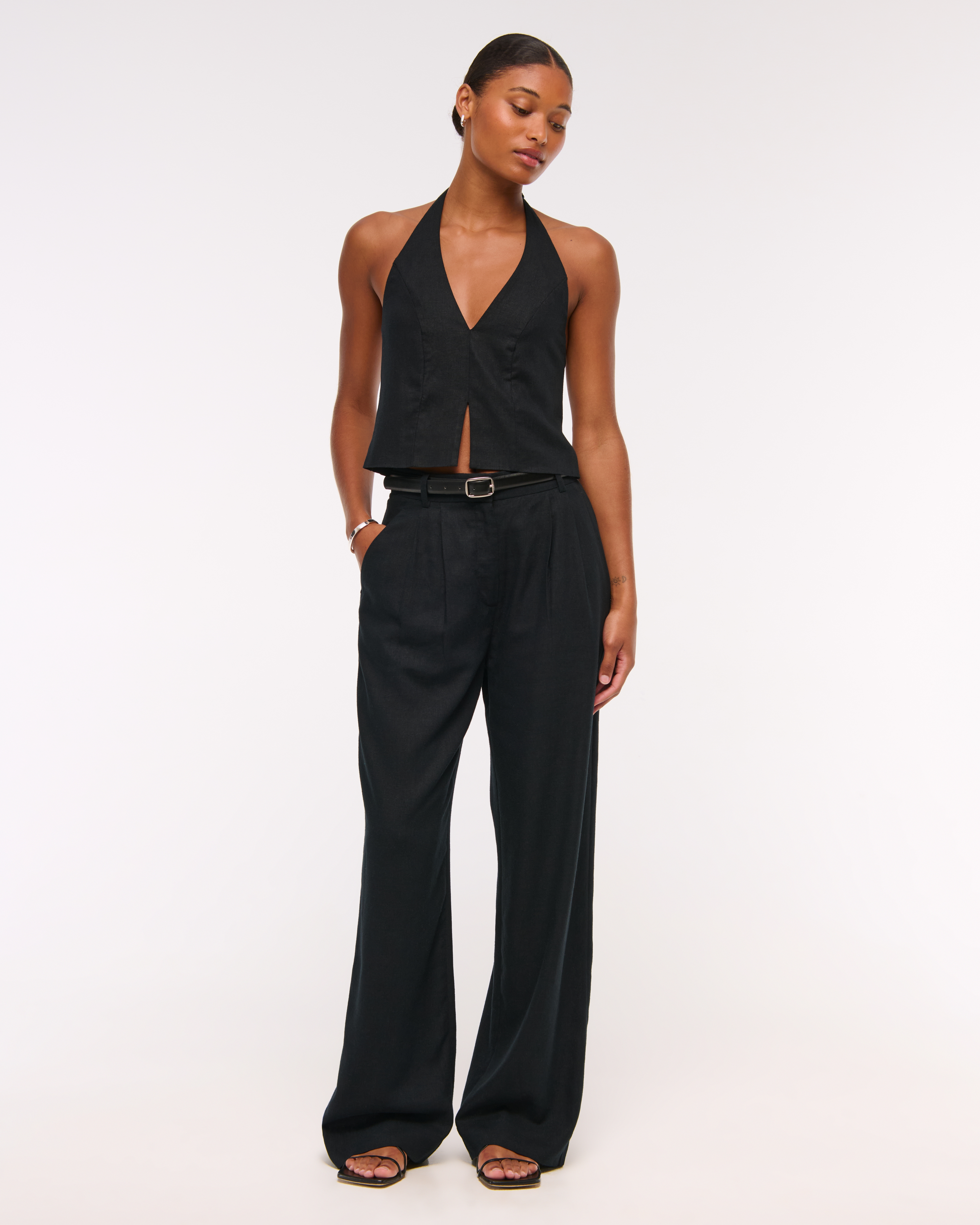 Abercrombie & Fitch Curve Love A&f Sloane Linen-blend Wide Leg Pant In Black