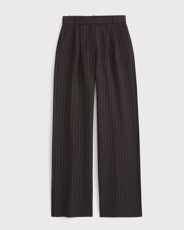 Curve Love A&F Sloane Tailored Wide Leg Pant, Dark Brown Pinstripe view 1