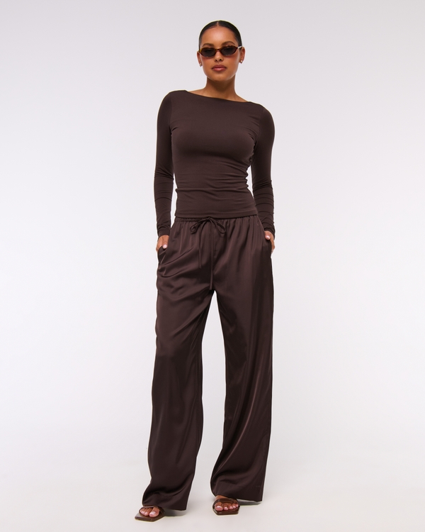 Satin Pull-On Pant, Rich Brown view 1