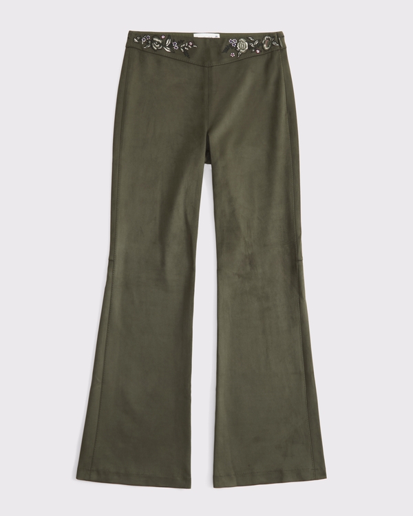 High Rise Slim Boot Vegan Suede Pant, Olive Green view 1