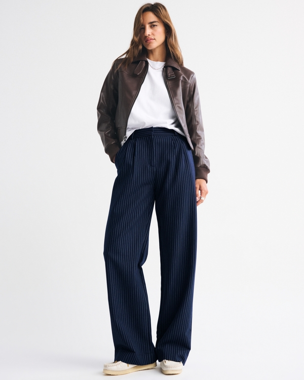 A&F Sloane Tailored Wide Leg Pant, Navy Pinstripe view 1