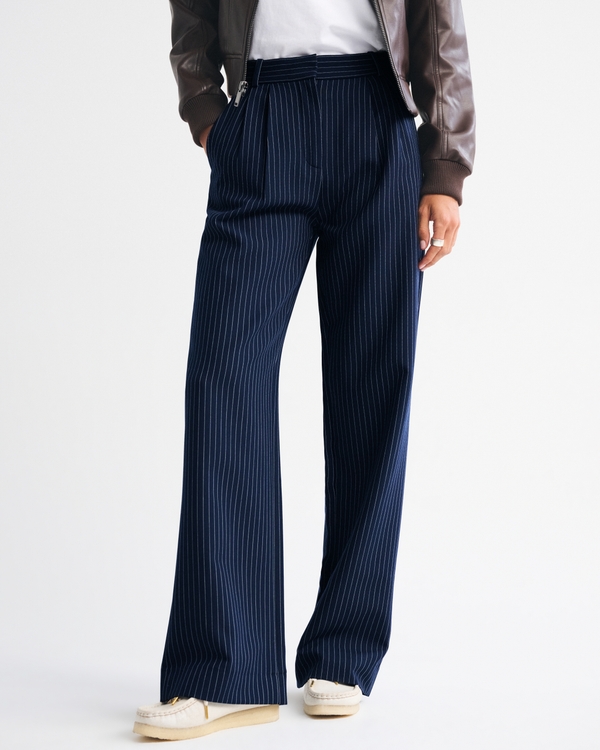 A&F Sloane Tailored Wide Leg Pant, Navy Pinstripe view 2