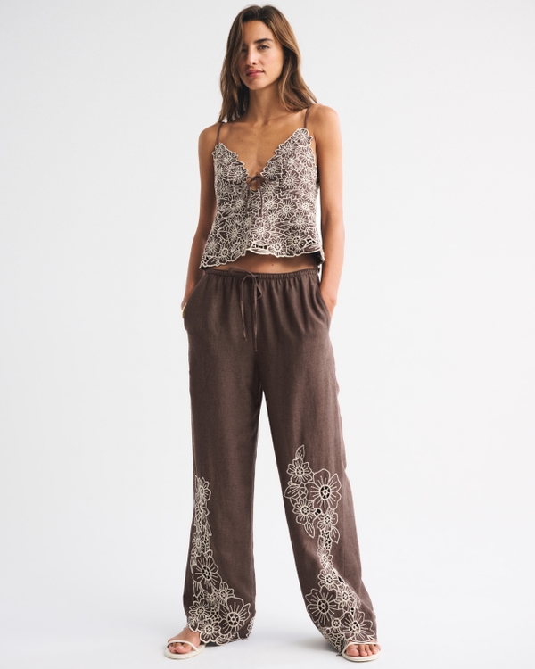 Linen-Blend Pull-On Pant, Dark Brown view 1