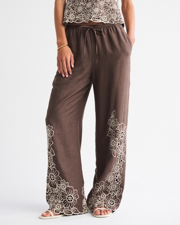 Linen-Blend Pull-On Pant, Dark Brown view 2