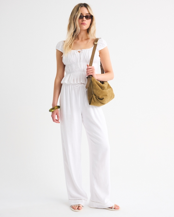 Linen-Blend Pull-On Pant, White view 1