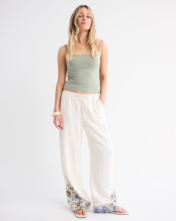 Linen-Blend Pull-On Pant, Cream Floral Embroidery view 1