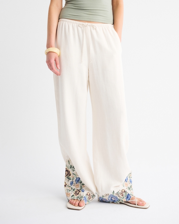 Linen-Blend Pull-On Pant, Cream Floral Embroidery view 2