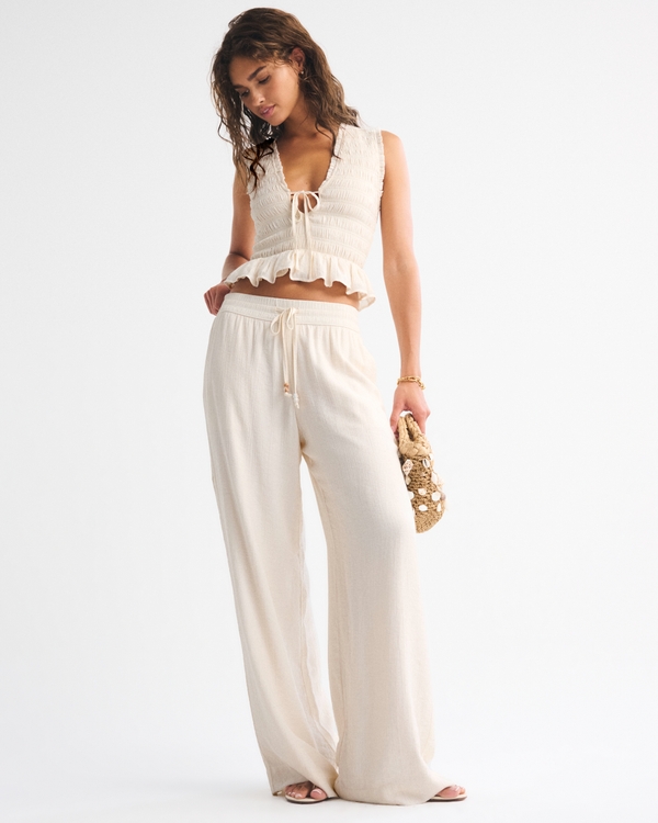 Crinkle Textured Pull-On Pant, Cream view 1