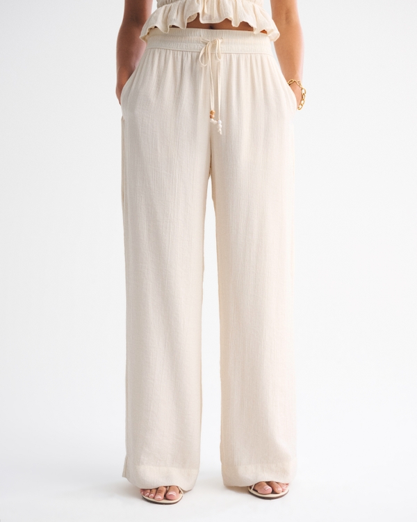 Crinkle Textured Pull-On Pant, Cream view 2