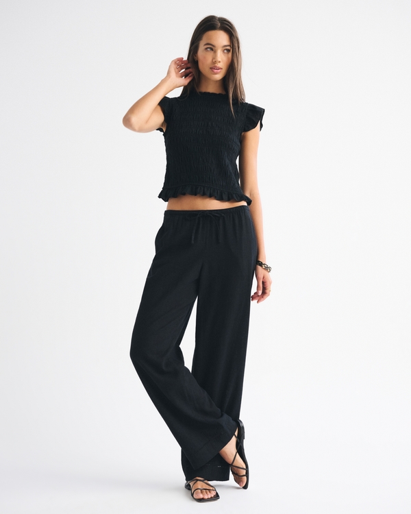 Linen-Blend Pull-On Pant, Black view 1