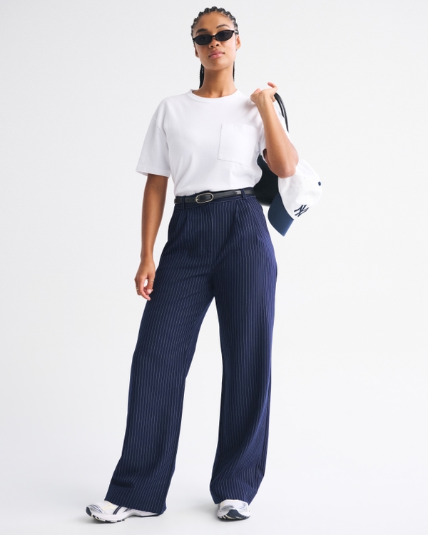 Curve Love A&F Sloane Tailored Wide Leg Pant, Navy Pinstripe view 1
