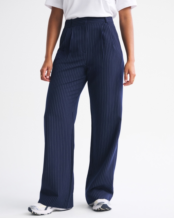 Curve Love A&F Sloane Tailored Wide Leg Pant, Navy Pinstripe view 2