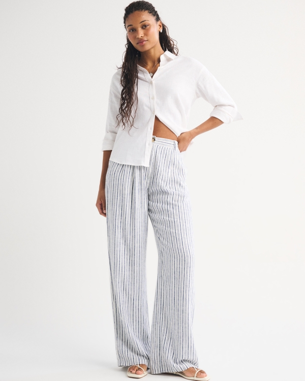 Curve Love A&F Sloane Linen-Blend Tailored Wide Leg Pant, Light Blue Stripe view 1