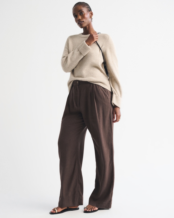Curve Love A&F Sloane Linen-Blend Tailored Wide Leg Pant, Dark Brown view 1