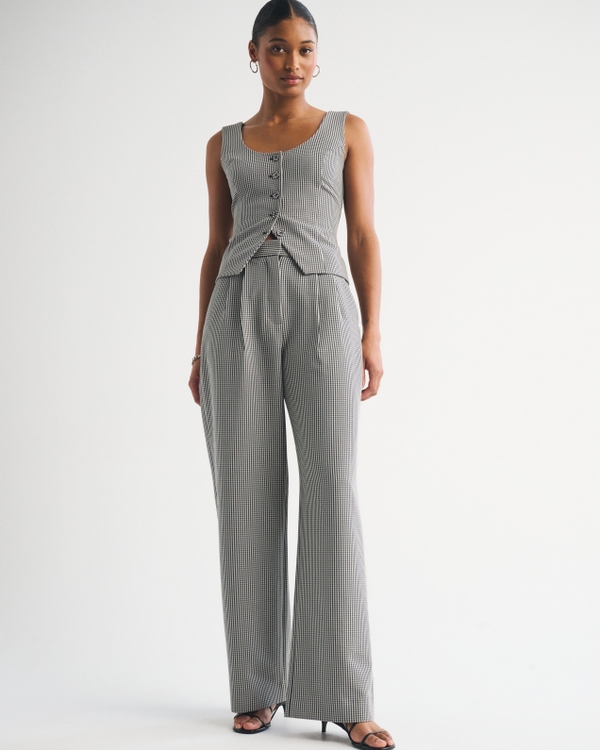 Curve Love A&F Sloane Tailored Wide Leg Pant, Black Gingham view 1