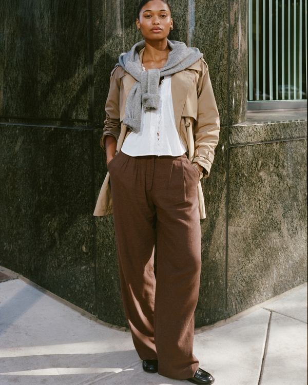 A&F Sloane Linen-Blend Tailored Wide Leg Pant, Dark Brown view 1