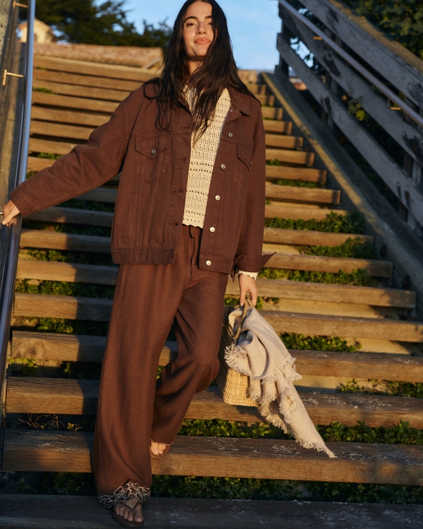 Linen-Blend Pull-On Pant, Dark Brown view 1