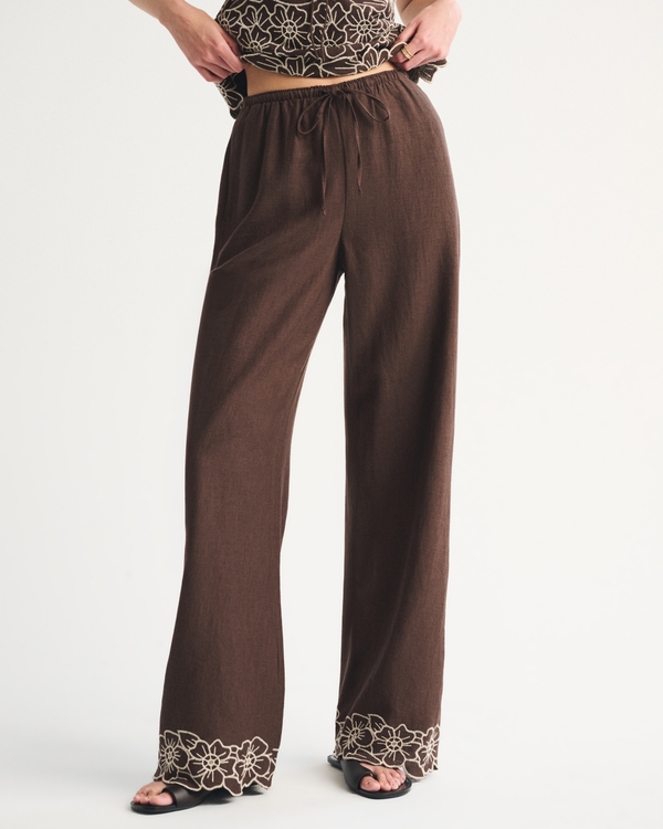 Linen-Blend Pull-On Pant, Dark Brown view 2