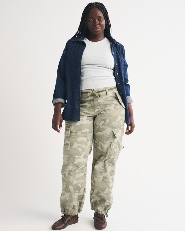 Curve Love Low Rise Ultra Loose Cargo Pant, Green Camo view 1