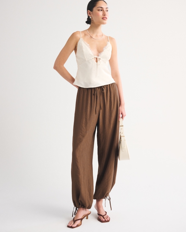 Crinkle Balloon Pull-On Pant, Brown view 1