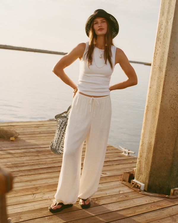 Crinkle Balloon Pull-On Pant, Cream view 1