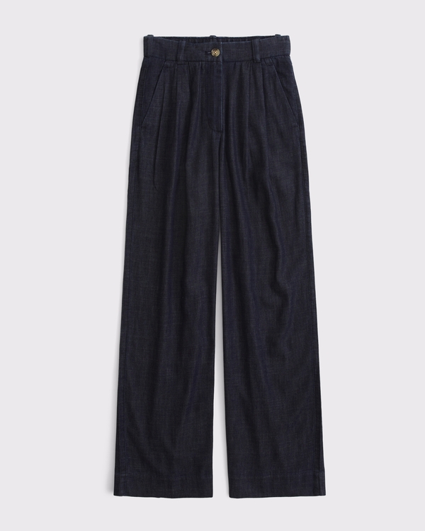 Curve Love A&F Sloane Chambray Tailored Wide Leg Pant, Navy view 1