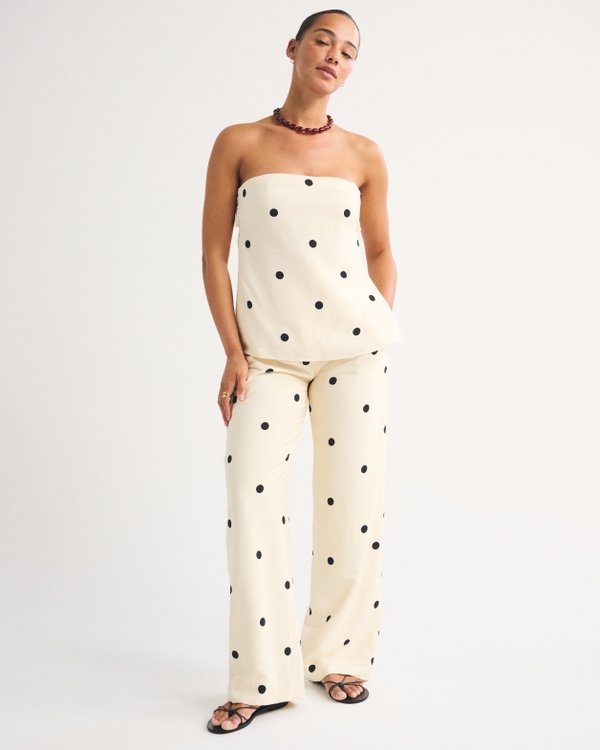 Curve Love A&F Sloane Lightweight Crepe Tailored Wide Leg Pant, Cream Polka Dot view 1