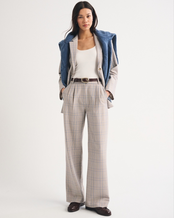 A&F Sloane Tailored Wide Leg Pant, Brown Plaid view 1