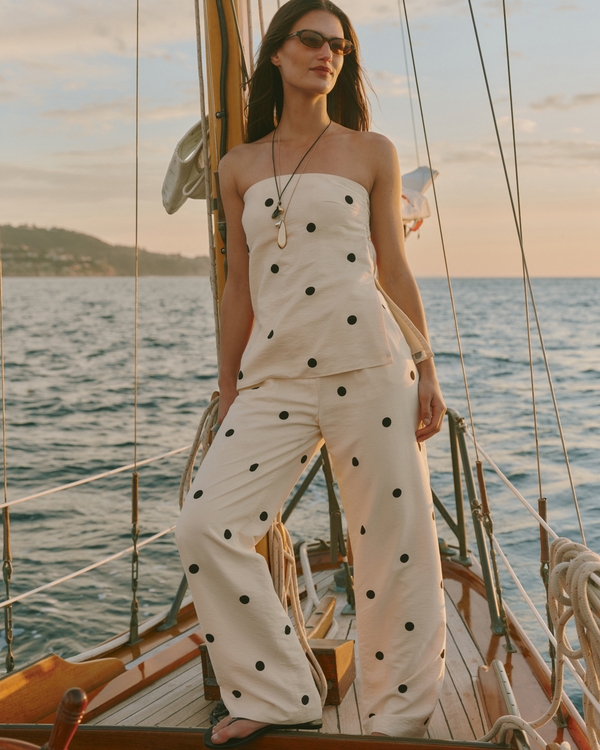 A&F Sloane Crepe Tailored Wide Leg Pant, Cream Polka Dot view 1