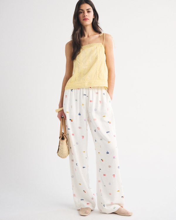 A&F Gemma Linen-Blend Wide Leg Pull-On Pant, White Pattern view 1
